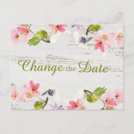 Rustic Pink Floral op White Wood Verander de datum Briefkaart