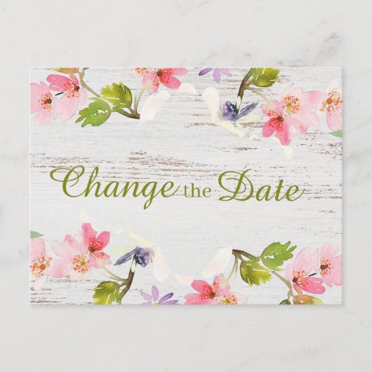 Rustic Pink Floral op White Wood Verander de datum Briefkaart (Voorkant)