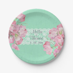Rustic Pink Floral over Mint Green Burlap Wedding Papieren Bordje