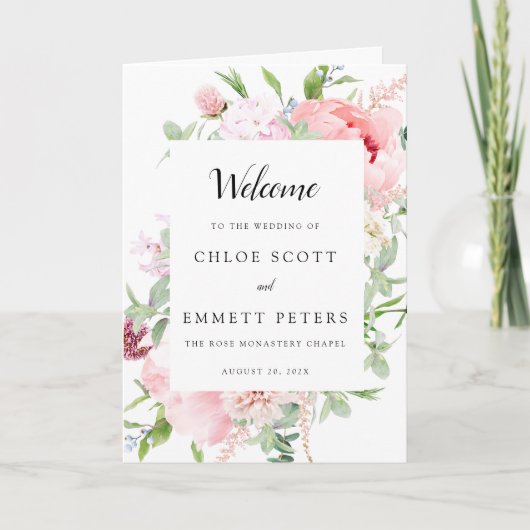 Rustic Pink Floral Photo Wedding Programme Programma (Voorkant)