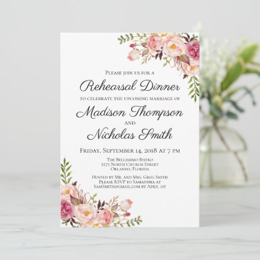 Rustic Pink Floral Rehearsal Dinner Invitations Kaart (Staand voorkant)