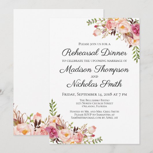Rustic Pink Floral Rehearsal Dinner Invitations Kaart (Voorkant / Achterkant)