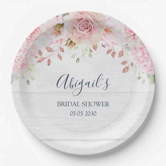 Rustic Pink Floral Spring Bridal Shower Papieren Bordje (Voorkant)