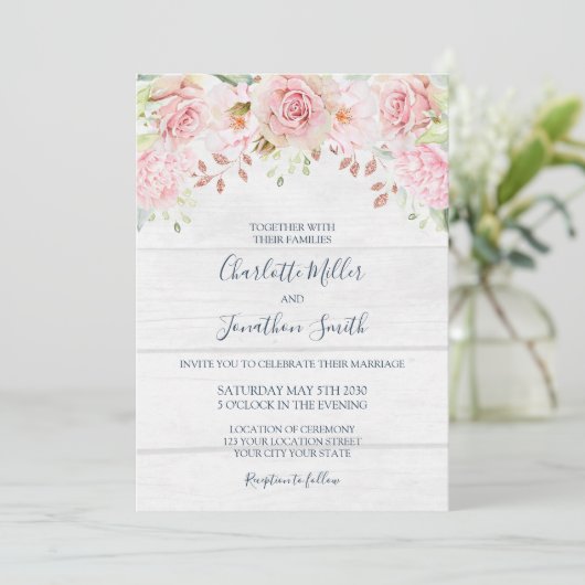 Rustic Pink Floral Spring Wedding Invitations Kaart (Staand voorkant)