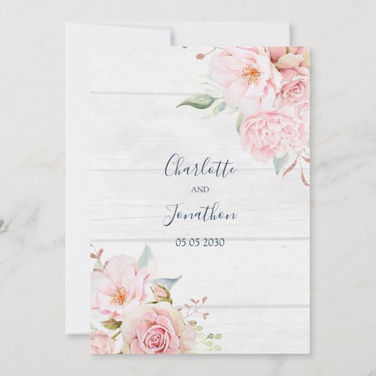 Rustic Pink Floral Spring Wedding Invitations Kaart (Achterkant)