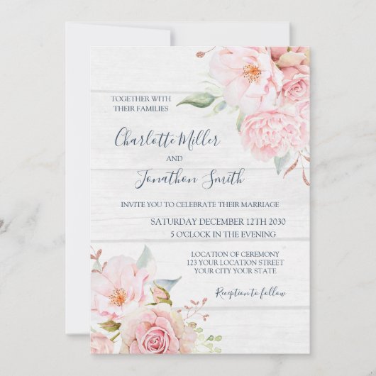 Rustic Pink Floral Spring Wedding Invitations Kaart (Voorkant)