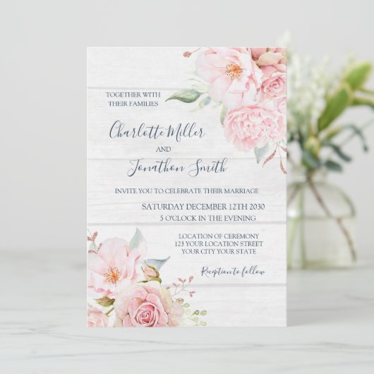 Rustic Pink Floral Spring Wedding Invitations Kaart (Staand voorkant)