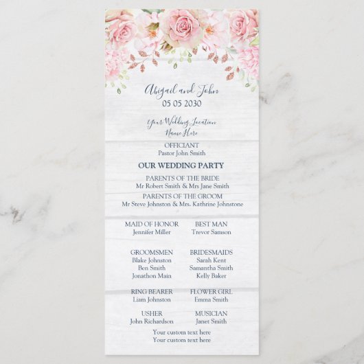 Rustic Pink Floral Spring Wedding Program Programmakaart (Achterkant)