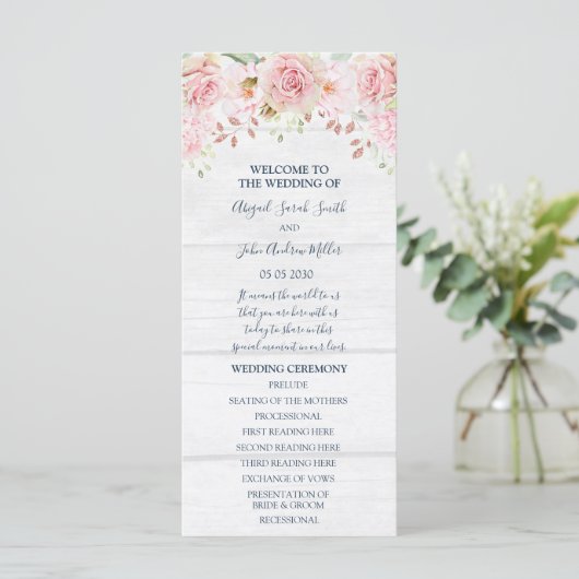 Rustic Pink Floral Spring Wedding Program Programmakaart (Staand voorkant)