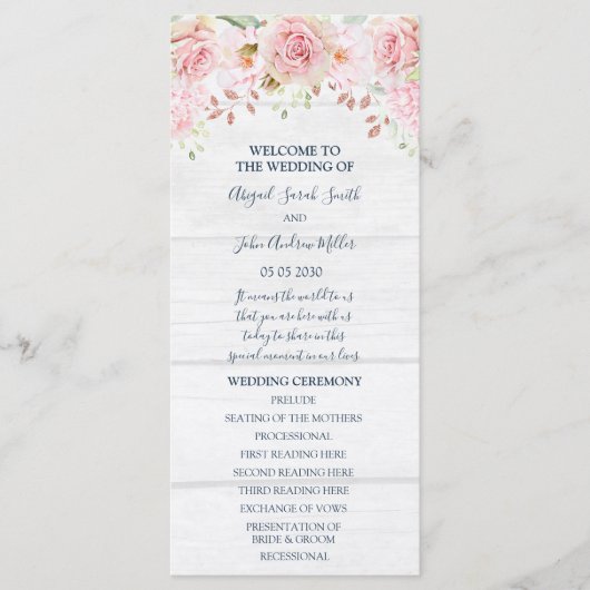 Rustic Pink Floral Spring Wedding Program Programmakaart (Voorkant)