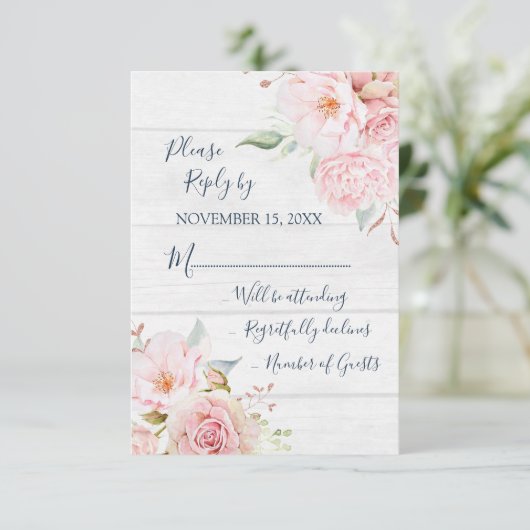 Rustic Pink Floral Spring Wedding Response Card RSVP Kaartje (Staand voorkant)