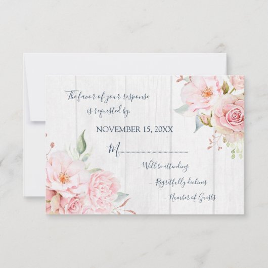 Rustic Pink Floral Spring Wedding Response Card RSVP Kaartje (Voorkant)