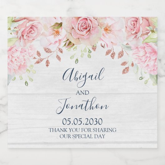Rustic Pink Floral Spring Wedding Wine Label Sparkling Wijnetiket (Enkel label)