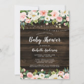 Rustic Pink Floral String Lights Girl Baby shower Kaart (Voorkant)