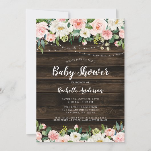 Rustic Pink Floral String Lights Girl Baby shower Kaart (Voorkant)