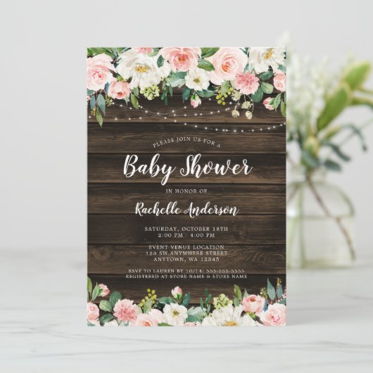 Rustic Pink Floral String Lights Girl Baby shower Kaart (Staand voorkant)