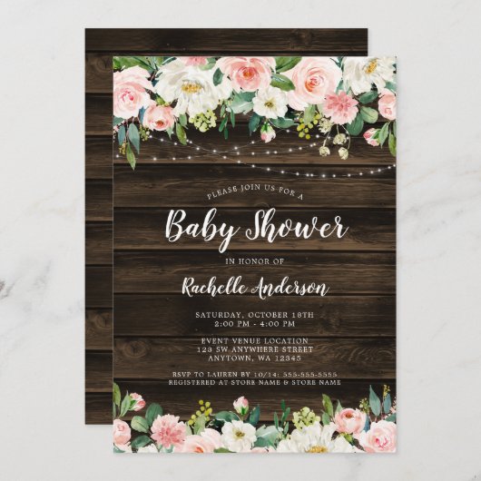 Rustic Pink Floral String Lights Girl Baby shower Kaart (Voorkant / Achterkant)