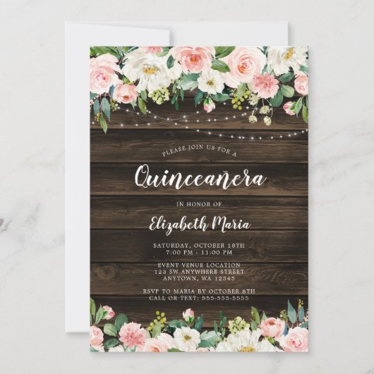 Rustic Pink Floral String Lights Quinceanera Kaart (Voorkant)