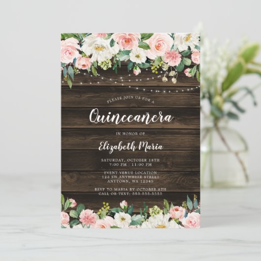 Rustic Pink Floral String Lights Quinceanera Kaart (Staand voorkant)