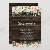 Rustic Pink Floral String Lights Quinceanera Kaart (Voorkant / Achterkant)