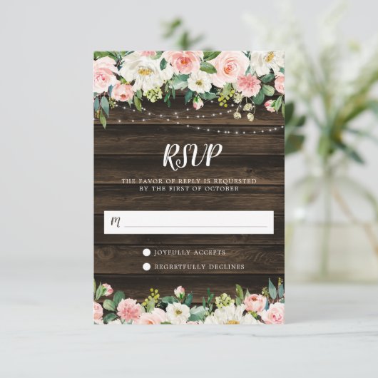 Rustic Pink Floral String Lights RSVP Kaartje (Staand voorkant)