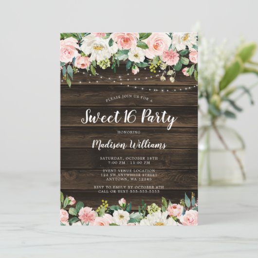 Rustic Pink Floral String Lights Sweet 16 Kaart (Staand voorkant)
