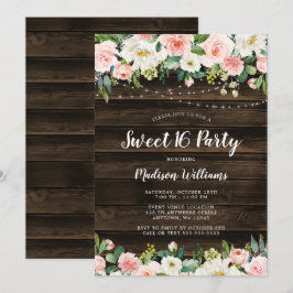 Rustic Pink Floral String Lights Sweet 16 Kaart