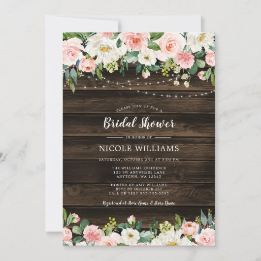 Rustic Pink Floral String Lights Vrijgezellenfeest Kaart (Voorkant)