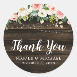 Rustic Pink Floral String Lights Weddenschap Harte Ronde Sticker