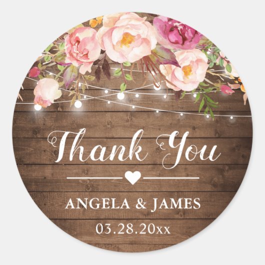 Rustic Pink Floral String Lights Weddenschap Harte Ronde Sticker (Voorkant)