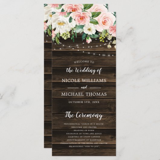 Rustic Pink Floral String Lights Wedding Programmakaart (Voorkant / Achterkant)