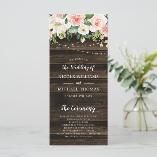 Rustic Pink Floral String Lights Wedding Programmakaart (Staand voorkant)