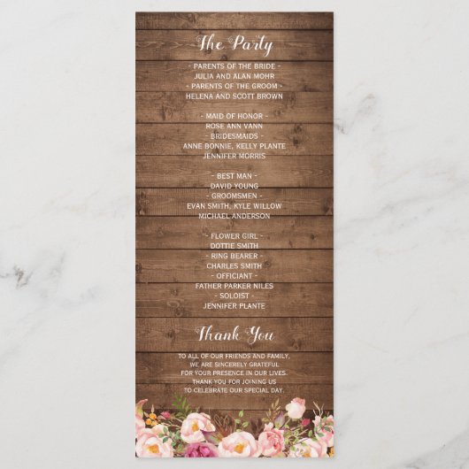 Rustic Pink Floral String Lights Wedding Programme Programmakaart (Achterkant)