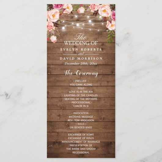 Rustic Pink Floral String Lights Wedding Programme Programmakaart (Voorkant)
