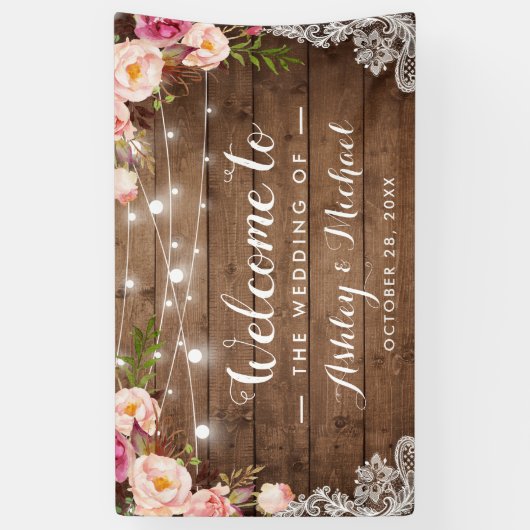 Rustic Pink Floral String Lights Welkomsthuwelijk Spandoek (Verticaal)