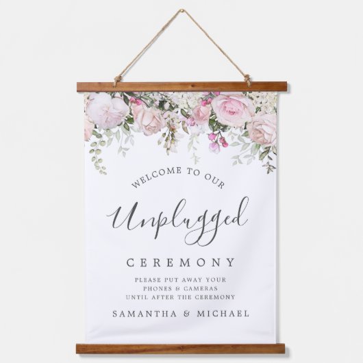 Rustic Pink Floral Unplugged Wedding Ceremony Sign Hangend Wandkleed (Voorkant)