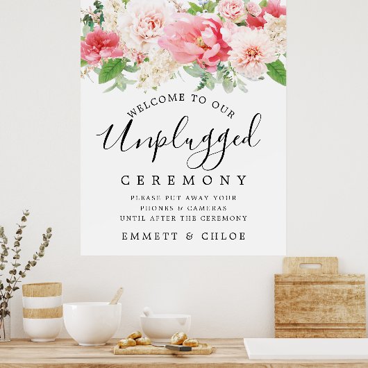 Rustic Pink Floral Unplugged Wedding Ceremony Sign Poster (Keuken)