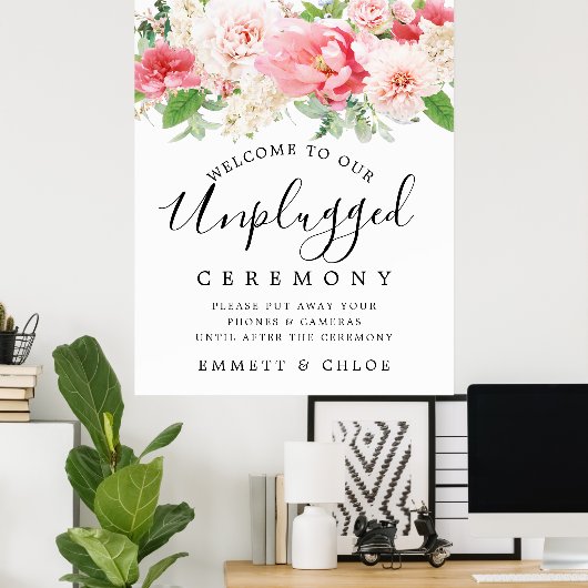 Rustic Pink Floral Unplugged Wedding Ceremony Sign Poster (Thuiskantoor)
