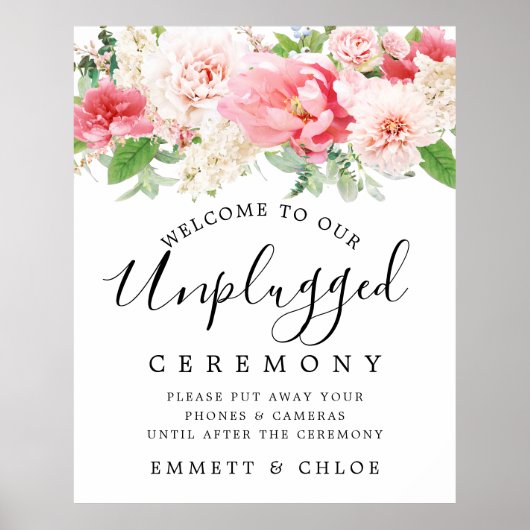 Rustic Pink Floral Unplugged Wedding Ceremony Sign Poster (Voorkant)