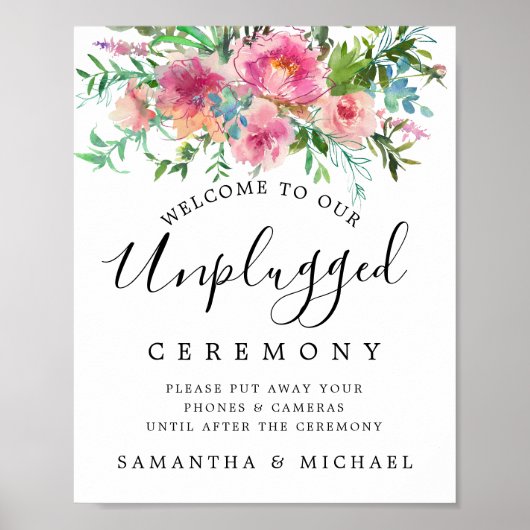 Rustic Pink Floral Unplugged Wedding Ceremony Sign Poster (Voorkant)