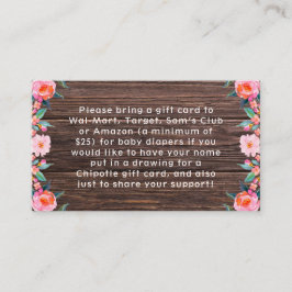 Rustic Pink Floral Waterverf Baby shower Informatiekaartje