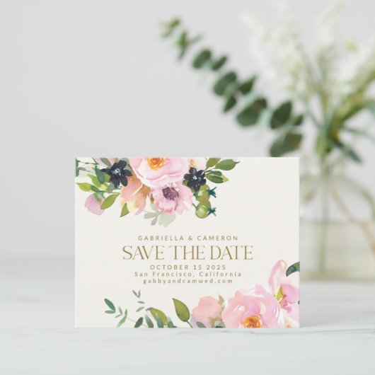 Rustic Pink Floral Waterverf Save the Date Briefkaart (Staand voorkant)