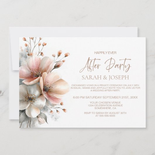 Rustic Pink Floral Wedding After Party Kaart (Voorkant)