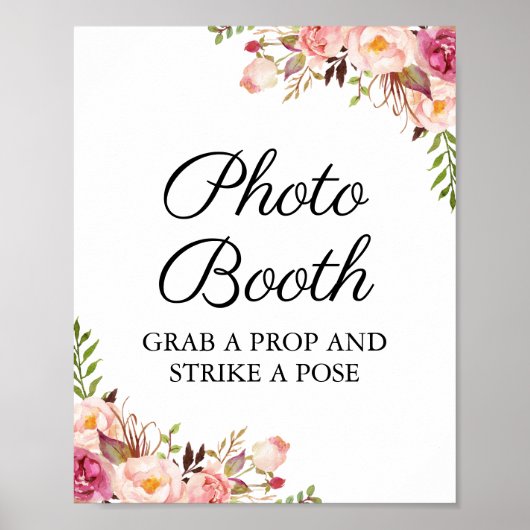 Rustic Pink Floral Wedding Foto Booth Sign Poster (Voorkant)