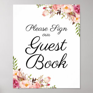 Rustic Pink Floral Wedding Guest Book Sign Poster