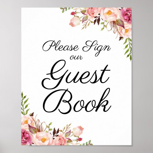 Rustic Pink Floral Wedding Guest Book Sign Poster (Voorkant)