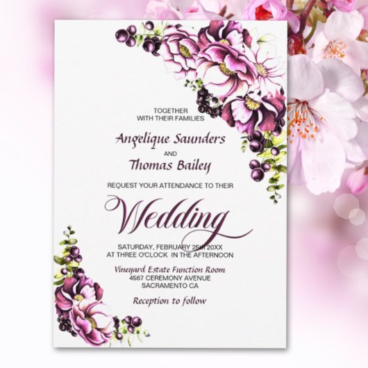 Rustic Pink Floral Wedding Invitation Kaart