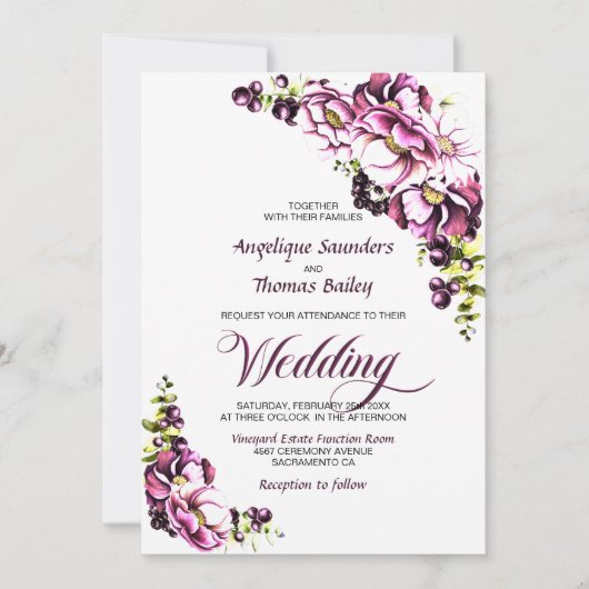 Rustic Pink Floral Wedding Invitation Kaart (Voorkant)