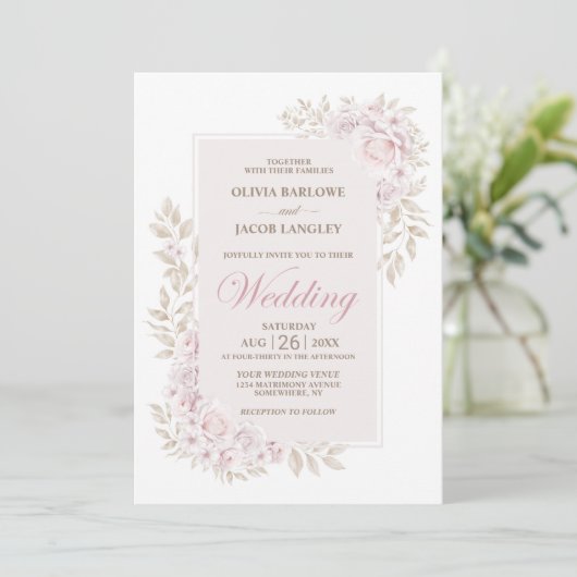 Rustic Pink Floral Wedding Kaart (Staand voorkant)