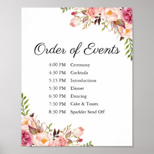 Rustic Pink Floral Wedding Order of Events Sign Poster